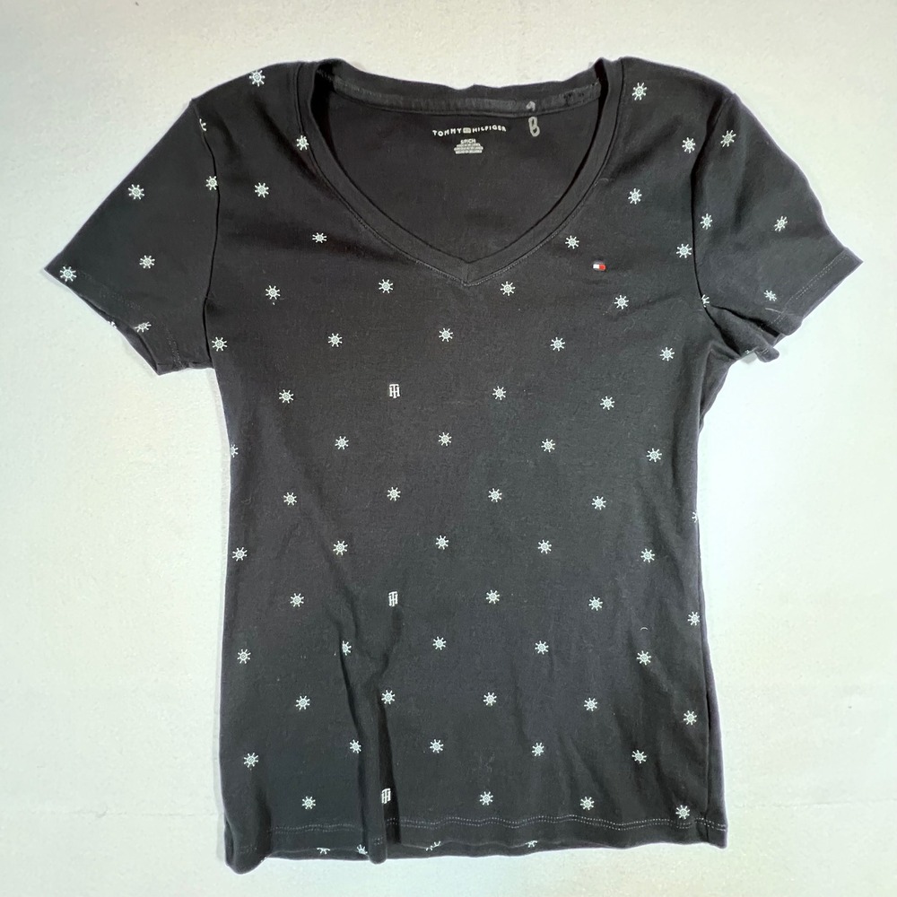 Tommy Hilfiger Womens V-Neck T-Shirt Navy Nautical Ship Wheel Print Small